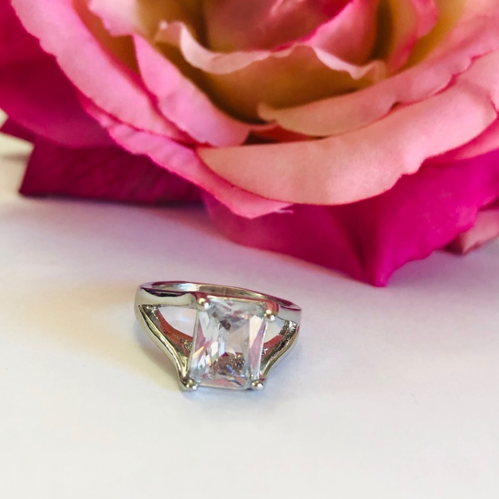 Silver Plated Emerald Cut White Sapphire Ring